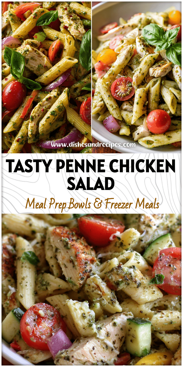 Colorful chicken penne pasta salad with pesto, tomatoes, and basil served as a cold picnic dish.